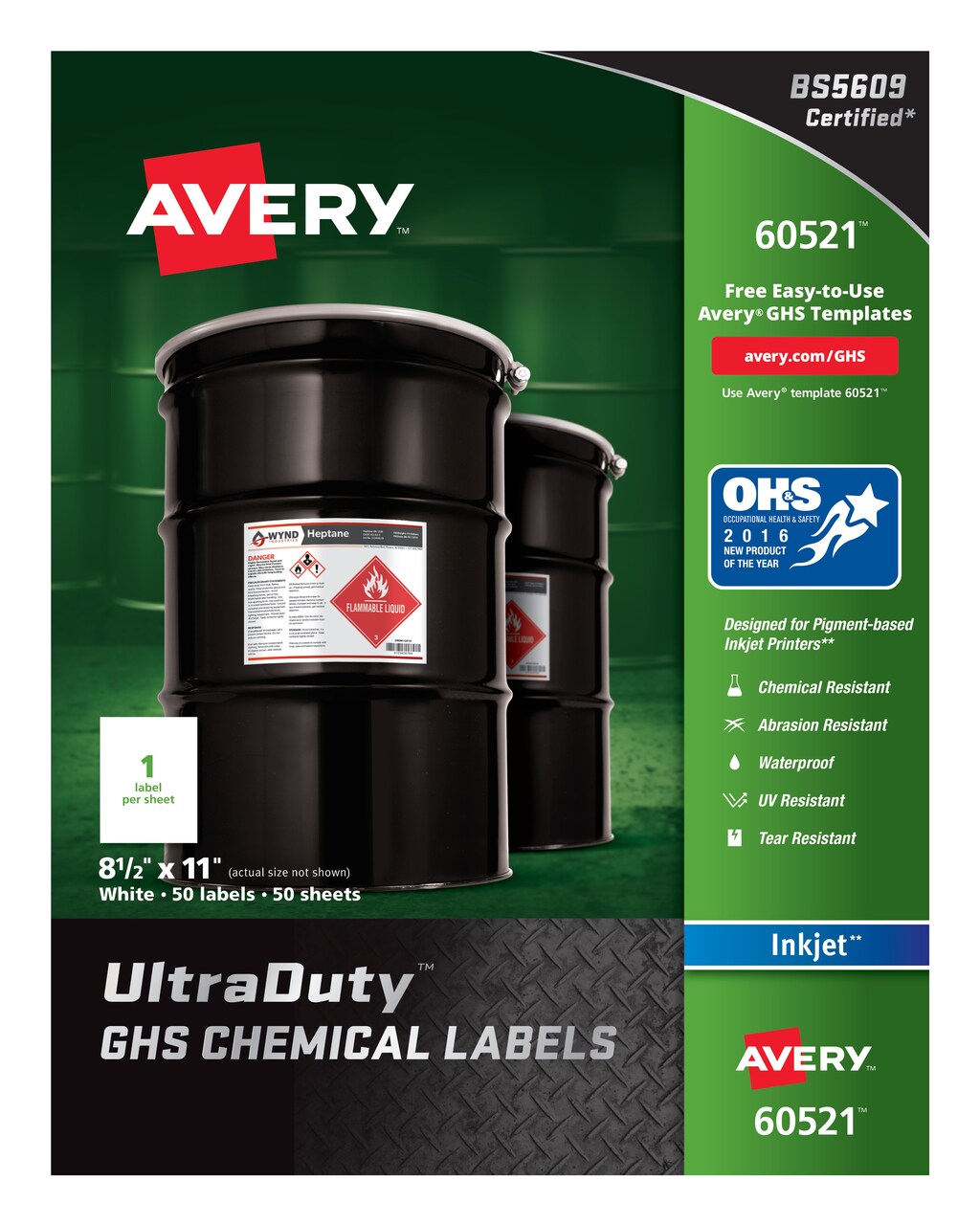 Avery UltraDuty GHS Chemical Labels for Pigment Inkjet Printers, Waterproof, UV Resistant, 8-1/2" x 11", 50 Labels (60521)